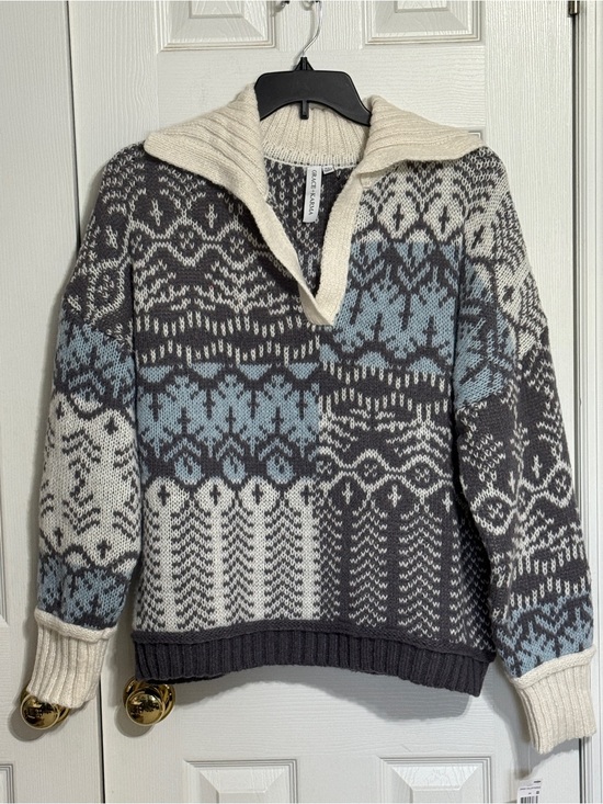 Grace + Karma Sweaters - Fair Isle Cowl-Neck Sweater in Cream, Gray & Blue